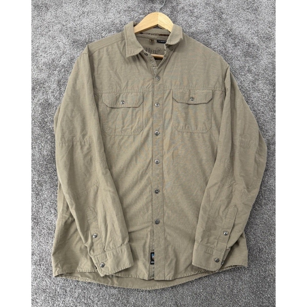 Kuhl Mens Large Tan Micro Stripe Long Sleeve Button Down Outdoor Shirt Khaki